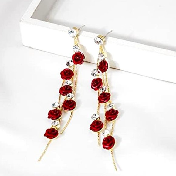 3-Piece Rose Red Jewelry Set For Women – Necklace, Bracelet & Dangle Earrings – Rose Gold Bridal Prom Wedding Set